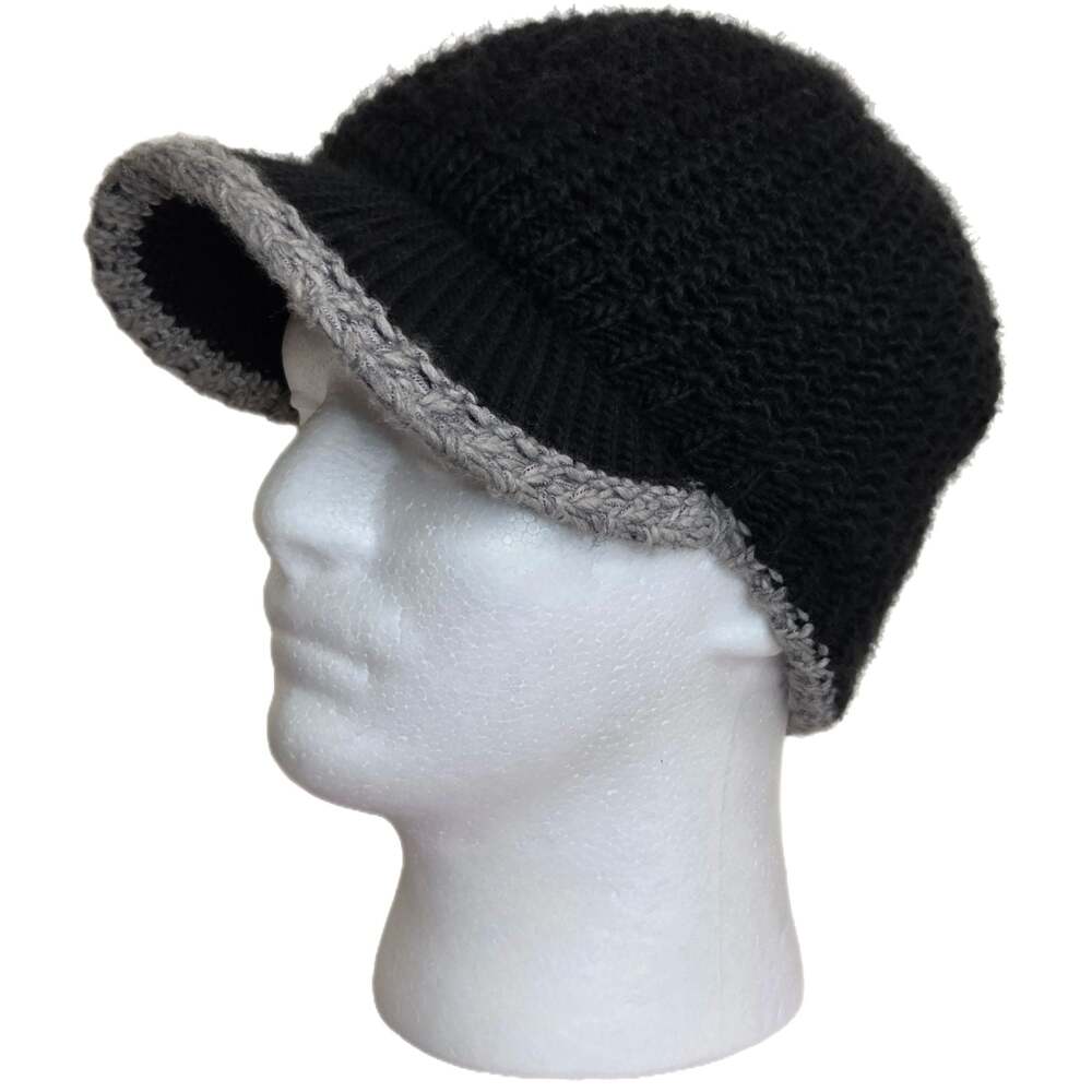 Wool Blend Black and Grey Knit Visor Beanie Newsboy Cabbie Cap One Size